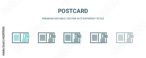 postcard icon in 5 different style. Outline, filled, two color, thin postcard icon isolated on white background. Editable vector can be used web and mobile
