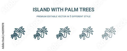 island with palm trees icon in 5 different style. Thin  light  regular  bold  black island with palm trees icon isolated on white background.