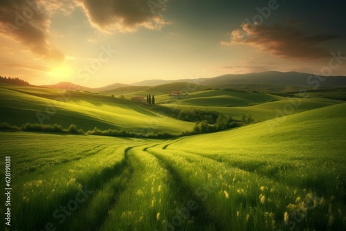 Beautiful landscape countryside with green meadow on the hill Created with Generative AI technology.