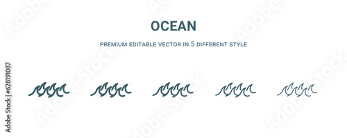 ocean icon in 5 different style. Thin, light, regular, bold, black ocean icon isolated on white background.
