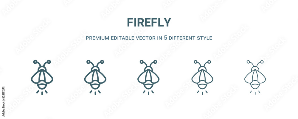 firefly icon in 5 different style. Thin, light, regular, bold, black firefly icon isolated on white background. firefly icon in 5 different style. Thin, light, regular, bold, black firefly icon isolated on white background.