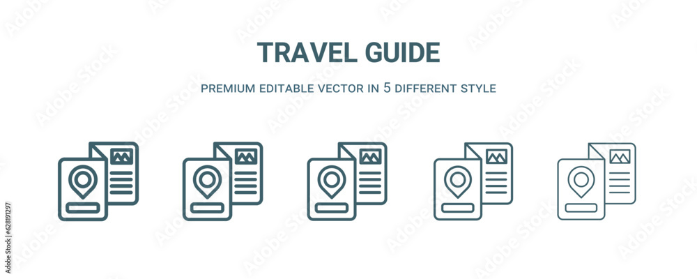 travel guide icon in 5 different style. Thin, light, regular, bold, black travel guide icon isolated on white background. travel guide icon in 5 different style. Thin, light, regular, bold, black travel guide icon isolated on white background.