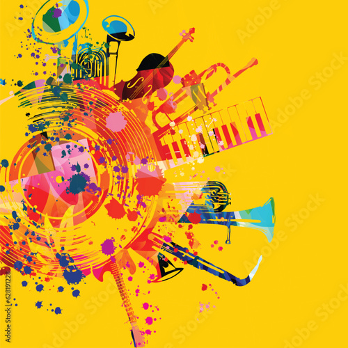 Musical instruments with LP vinyl record. Vector musical background with double bell euphonium, violoncello, trumpet, piano keyboard, euphonium, saxophone and guitar