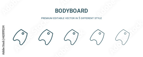 bodyboard icon in 5 different style. Thin, light, regular, bold, black bodyboard icon isolated on white background.