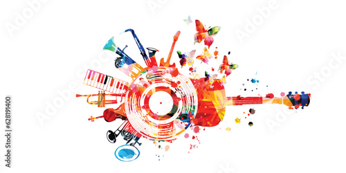 Colorful musical promotional poster with musical instruments isolated vector illustration. Artistic playful design with LP vinyl disc for live concert events, music festivals and shows, party flyer 