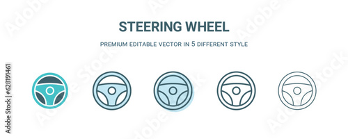 steering wheel icon in 5 different style. Outline, filled, two color, thin steering wheel icon isolated on white background. Editable vector can be used web and mobile