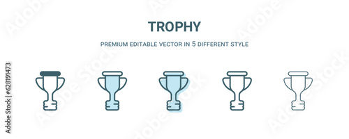 trophy icon in 5 different style. Outline, filled, two color, thin trophy icon isolated on white background. Editable vector can be used web and mobile