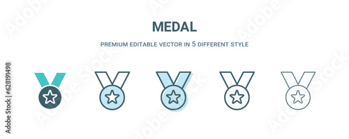 medal icon in 5 different style. Outline, filled, two color, thin medal icon isolated on white background. Editable vector can be used web and mobile