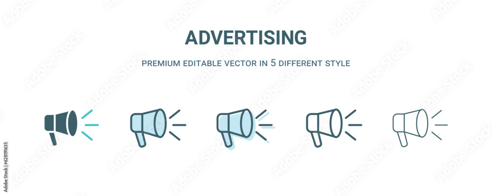 advertising icon in 5 different style. Outline, filled, two color, thin advertising icon isolated on white background. Editable vector can be used web and mobile advertising icon in 5 different style. Outline, filled, two color, thin advertising icon isolated on white background. Editable vector can be used web and mobile