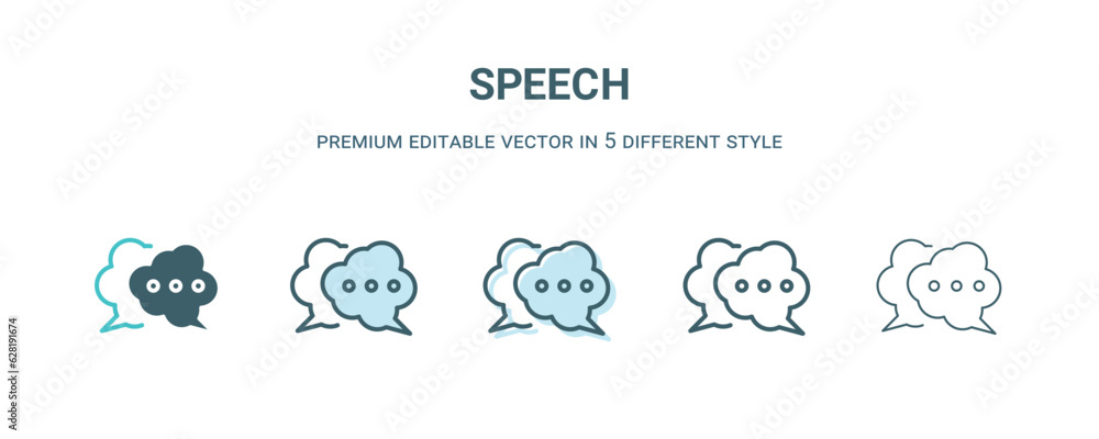 speech icon in 5 different style. Outline, filled, two color, thin speech icon isolated on white background. Editable vector can be used web and mobile