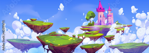 Pink royal castle floating on island in sky. Vector cartoon illustration of magic medieval palace flying on piece of land, green grass, tree, white clouds around, game level platforms, fantasy kingdom