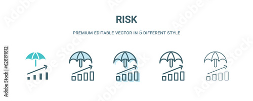 risk icon in 5 different style. Outline, filled, two color, thin risk icon isolated on white background. Editable vector can be used web and mobile