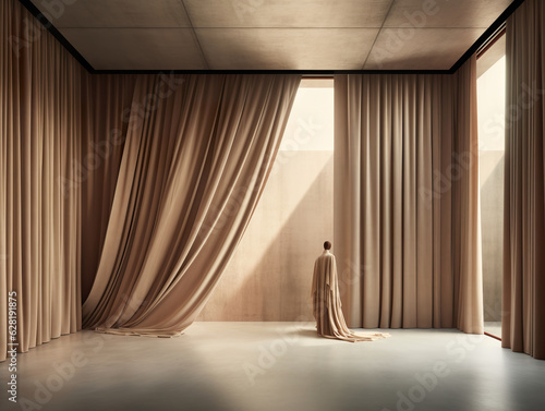 Architectural sophisticated modern expensive curtain design from ceiling to floor. Luxury creative curtains. Borderless Light Brown Cashmere Window Shades. Generative AI
