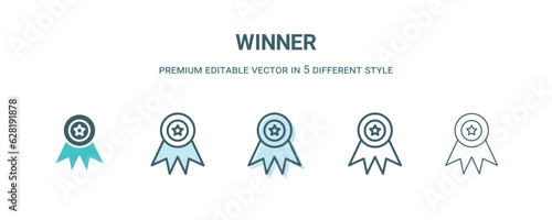 winner icon in 5 different style. Outline, filled, two color, thin winner icon isolated on white background. Editable vector can be used web and mobile