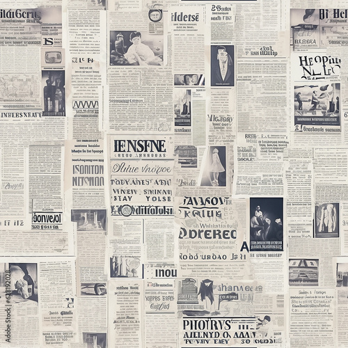Seamless pattern of newspapers with headlines and inscriptions in black and white. Generative AI