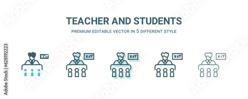 teacher and students icon in 5 different style. Outline, filled, two color, thin teacher and students icon isolated on white background. Editable vector can be used web and mobile