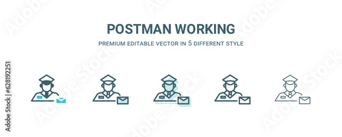 postman working icon in 5 different style. Outline, filled, two color, thin postman working icon isolated on white background. Editable vector can be used web and mobile