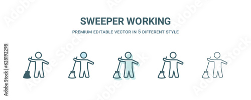 sweeper working icon in 5 different style. Outline, filled, two color, thin sweeper working icon isolated on white background. Editable vector can be used web and mobile