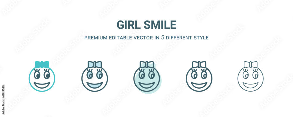 girl smile icon in 5 different style. Outline, filled, two color, thin girl smile icon isolated on white background. Editable vector can be used web and mobile girl smile icon in 5 different style. Outline, filled, two color, thin girl smile icon isolated on white background. Editable vector can be used web and mobile