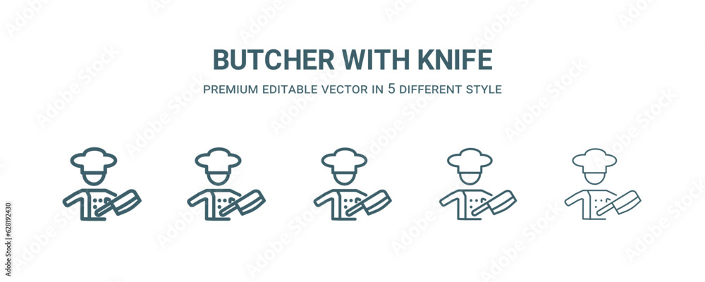 butcher with knife icon in 5 different style. Thin, light, regular, bold, black butcher with knife icon isolated on white background. butcher with knife icon in 5 different style. Thin, light, regular, bold, black butcher with knife icon isolated on white background.