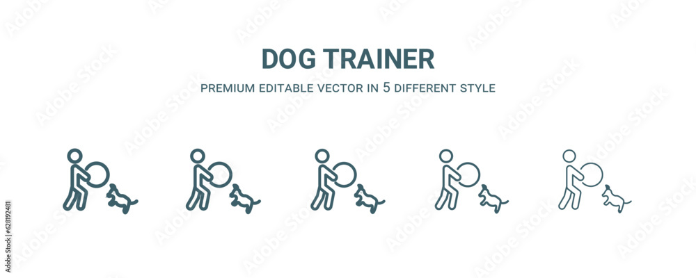 dog trainer icon in 5 different style. Thin, light, regular, bold, black dog trainer icon isolated on white background.