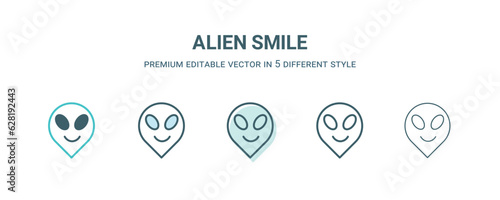 alien smile icon in 5 different style. Outline, filled, two color, thin alien smile icon isolated on white background. Editable vector can be used web and mobile