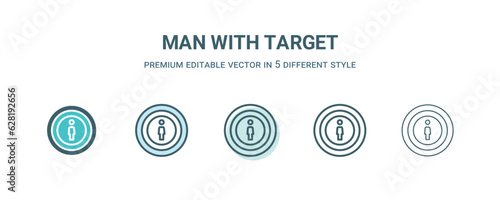man with target icon in 5 different style. Outline, filled, two color, thin man with target icon isolated on white background. Editable vector can be used web and mobile