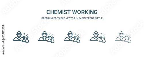 chemist working icon in 5 different style. Thin, light, regular, bold, black chemist working icon isolated on white background.