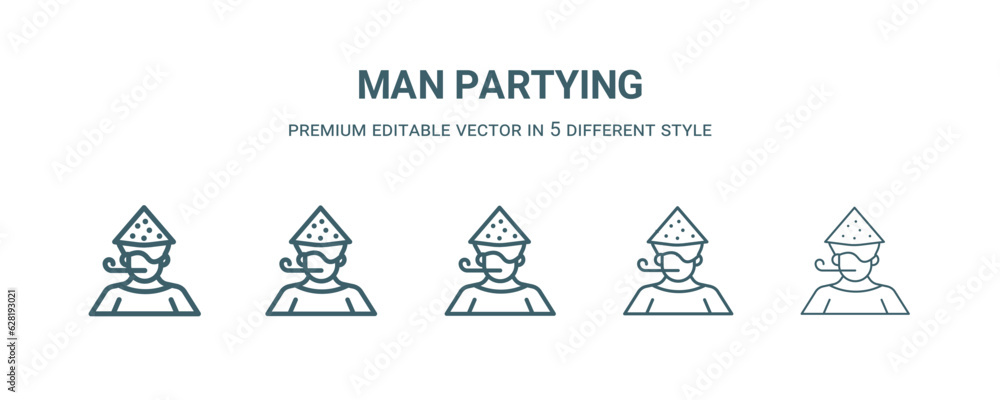 man partying icon in 5 different style. Thin, light, regular, bold, black man partying icon isolated on white background.