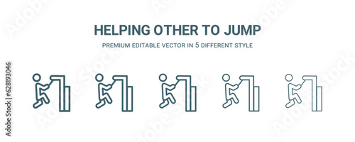helping other to jump icon in 5 different style. Thin, light, regular, bold, black helping other to jump icon isolated on white background.