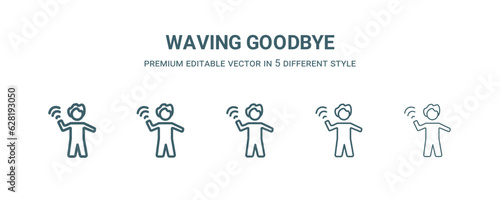 waving goodbye icon in 5 different style. Thin, light, regular, bold, black waving goodbye icon isolated on white background.