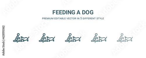 feeding a dog icon in 5 different style. Thin, light, regular, bold, black feeding a dog icon isolated on white background.