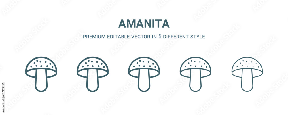 amanita icon in 5 different style. Thin, light, regular, bold, black amanita icon isolated on white background. amanita icon in 5 different style. Thin, light, regular, bold, black amanita icon isolated on white background.