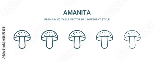 amanita icon in 5 different style. Thin, light, regular, bold, black amanita icon isolated on white background.