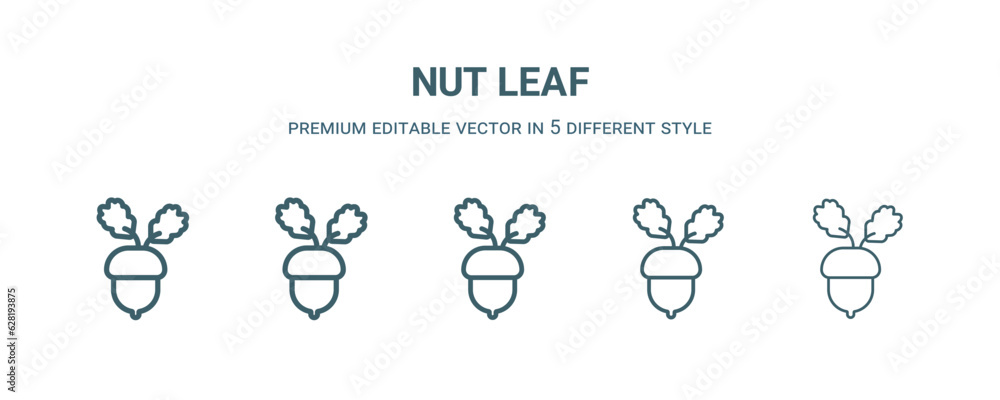 nut leaf icon in 5 different style. Thin, light, regular, bold, black nut leaf icon isolated on white background.