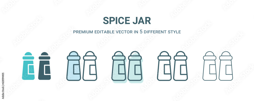 spice jar icon in 5 different style. Outline, filled, two color, thin spice jar icon isolated on white background. Editable vector can be used web and mobile