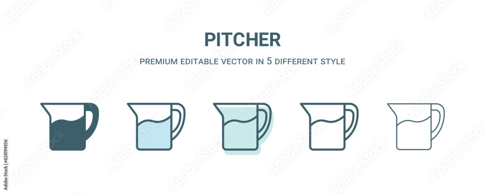 pitcher icon in 5 different style. Outline, filled, two color, thin pitcher icon isolated on white background. Editable vector can be used web and mobile pitcher icon in 5 different style. Outline, filled, two color, thin pitcher icon isolated on white background. Editable vector can be used web and mobile