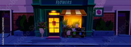 Night flower shop building exterior vector illustration. City storefront facade with shine door and window in evening. Urban store salon with flowerpot outdoor and awning in town near road scene