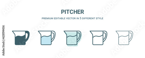 pitcher icon in 5 different style. Outline, filled, two color, thin pitcher icon isolated on white background. Editable vector can be used web and mobile
