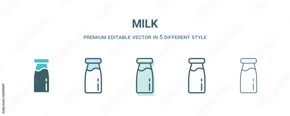 milk icon in 5 different style. Outline, filled, two color, thin milk icon isolated on white background. Editable vector can be used web and mobile milk icon in 5 different style. Outline, filled, two color, thin milk icon isolated on white background. Editable vector can be used web and mobile