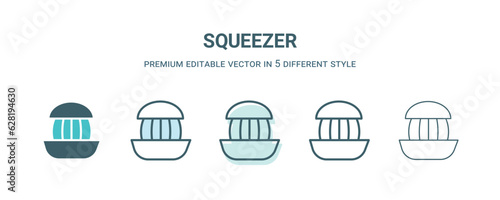 squeezer icon in 5 different style. Outline, filled, two color, thin squeezer icon isolated on white background. Editable vector can be used web and mobile