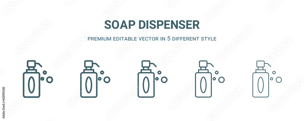 soap dispenser icon in 5 different style. Thin, light, regular, bold, black soap dispenser icon isolated on white background. Editable vector soap dispenser icon in 5 different style. Thin, light, regular, bold, black soap dispenser icon isolated on white background. Editable vector