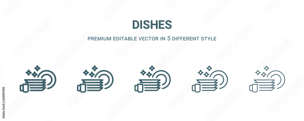 dishes icon in 5 different style. Thin, light, regular, bold, black dishes icon isolated on white background. Editable vector