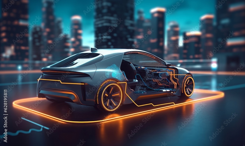 EV electric car system. futuristic car in night with morden light smart city, Generative AI - obrazy, fototapety, plakaty 