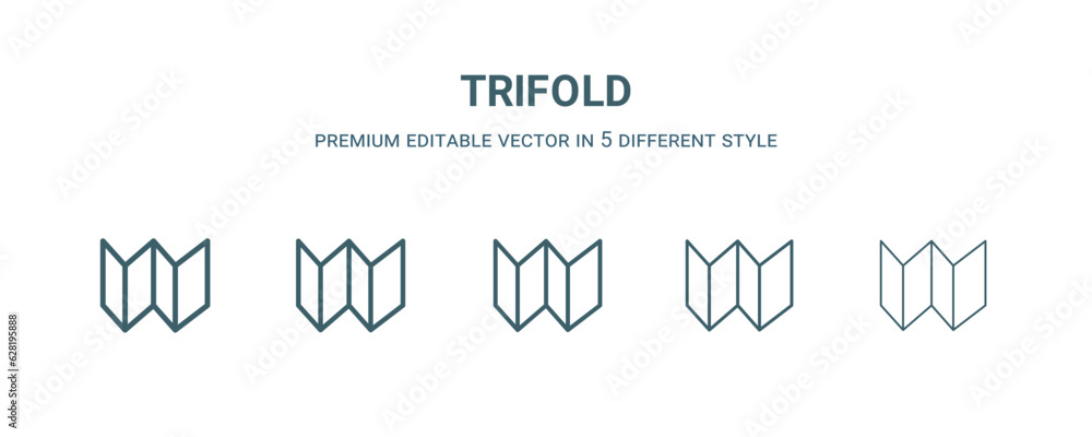 trifold icon in 5 different style. Thin, light, regular, bold, black trifold icon isolated on white background. Editable vector trifold icon in 5 different style. Thin, light, regular, bold, black trifold icon isolated on white background. Editable vector