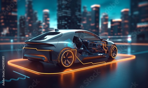 EV electric car system. futuristic car in night with morden light smart city, Generative AI © Yash