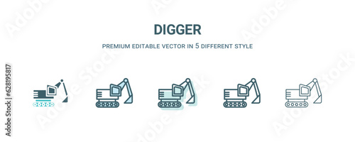 digger icon in 5 different style. Outline, filled, two color, thin digger icon isolated on white background. Editable vector can be used web and mobile