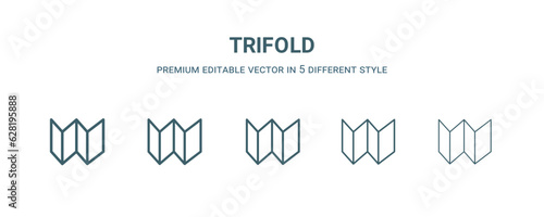 trifold icon in 5 different style. Thin, light, regular, bold, black trifold icon isolated on white background. Editable vector