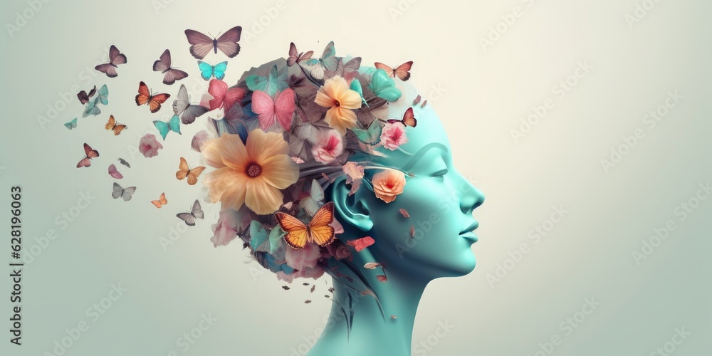 Human brain with flowers and butterflies, self care and mental health concept, positive thinking, creative mind, Generative AI