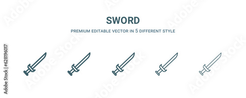 sword icon in 5 different style. Thin, light, regular, bold, black sword icon isolated on white background. Editable vector